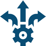 Gear with three blue arrows pointing out. Gear with three blue arrows pointing out.