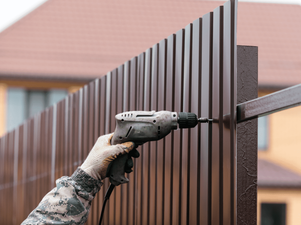 Person drilling metal fence with power tool.