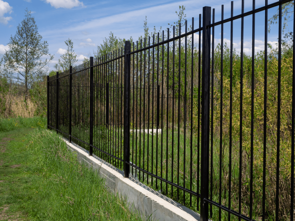 Black metal fence in grassy field.
