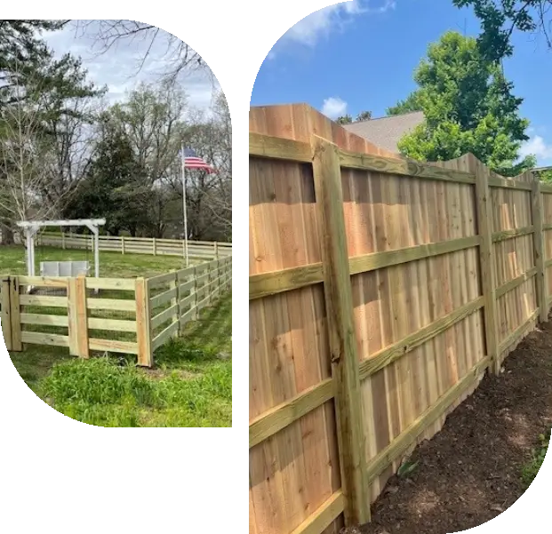 Wooden fences and American flag in yard. Wooden fences and American flag in yard.